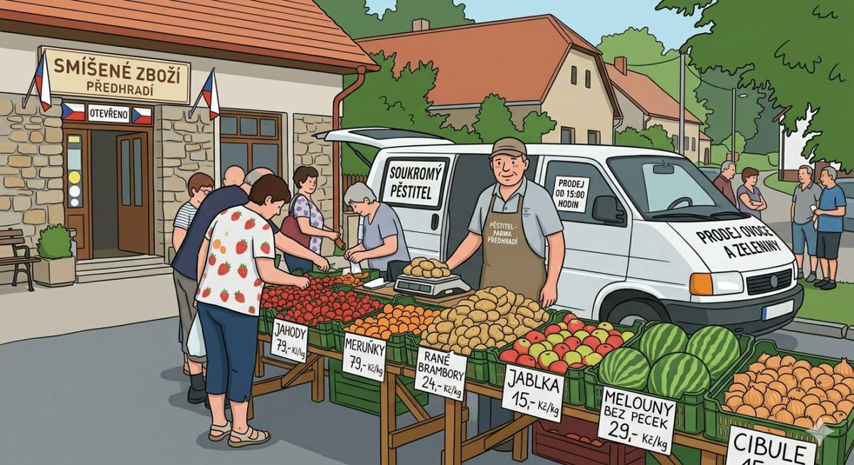 Oznamujeme občanům, že zítra, v úterý 26. května 2026 v 15:00 hodin, přijede do naší obce soukromý pěstitel.  Prodej se uskuteční u prodejny Smíšeného zboží Předhradí.  V nabídce bude:   Jahody: 79 Kč/kg   Meruňky: 79 Kč/kg   Rané brambory: 24 Kč/kg   Melouny bez pecek: 29 Kč/kg   Jablka: 15 Kč/kg