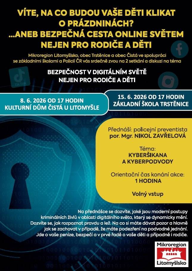 Přednáška o kyberšikaně a digi bezpečnosti. Trstenice 15.6.2026 od 17h ZŠ a Čistá 8.6.2026 od 17h kulturní dům. Vstup volný