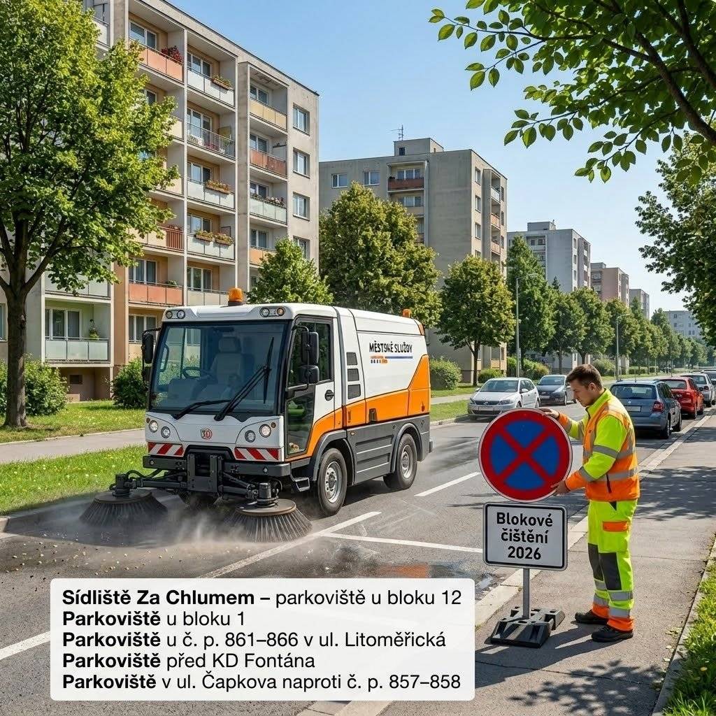 Vážení občané,   dovolujeme si Vás upozornit, že ve čtvrtek 28. května bude probíhat strojní blokové čištění v okolí Vašeho bydliště, konkrétně v těchto lokalitách:    🚧 Sídliště Za Chlumem: - parkoviště u bloku 12 - parkoviště u bloku 1 - parkoviště u č. p. 861–866 v ul. Litoměřická - parkoviště před KD Fontána - parkoviště v ul. Čapkova naproti č. p. 857–858 🚗❌ Žádáme všechny řidiče, aby v uvedených termínech respektovali přechodné dopravní značení a neparkovali v místech, kde bude blokové čištění probíhat. 🙏 Děkujeme za pochopení, ohleduplnost a spolupráci.