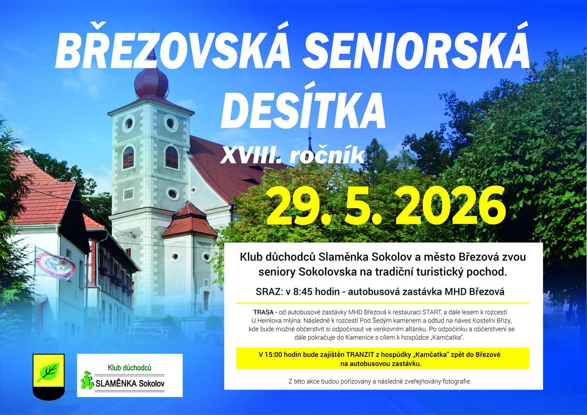 Klub důchodců Slaměnka Sokolov a Město Březová srdečně zvou seniory Sokolovska na XVIII. ročník tradičního turistického pochodu BŘEZOVSKÁ SENIORSKÁ DESÍTKA, který se uskuteční dne 29. května 2026. Sraz je v 8:45 hodin u autobusové zastávky MHD Březová. V 15:00 hodin bude zajištěn tranzit z hospůdky „Kamčatka“ zpět do Březové na autobusovou zastávku. Více informací viz plakát níže nebo na: www.mu-brezova.cz