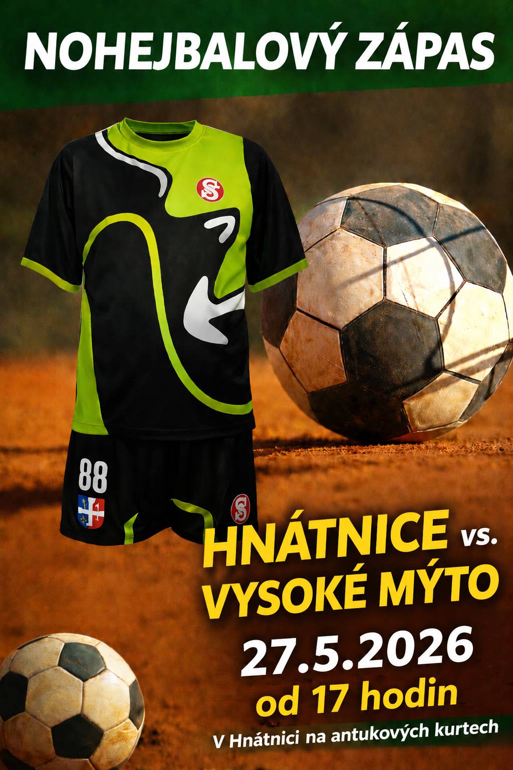 Ve středu 27. 5. 2026 od 17 hodin proběhne na antukovém hřišti u OÚ nohejbalový zápas mezi Hnátnicí a Vysokým Mýtem.