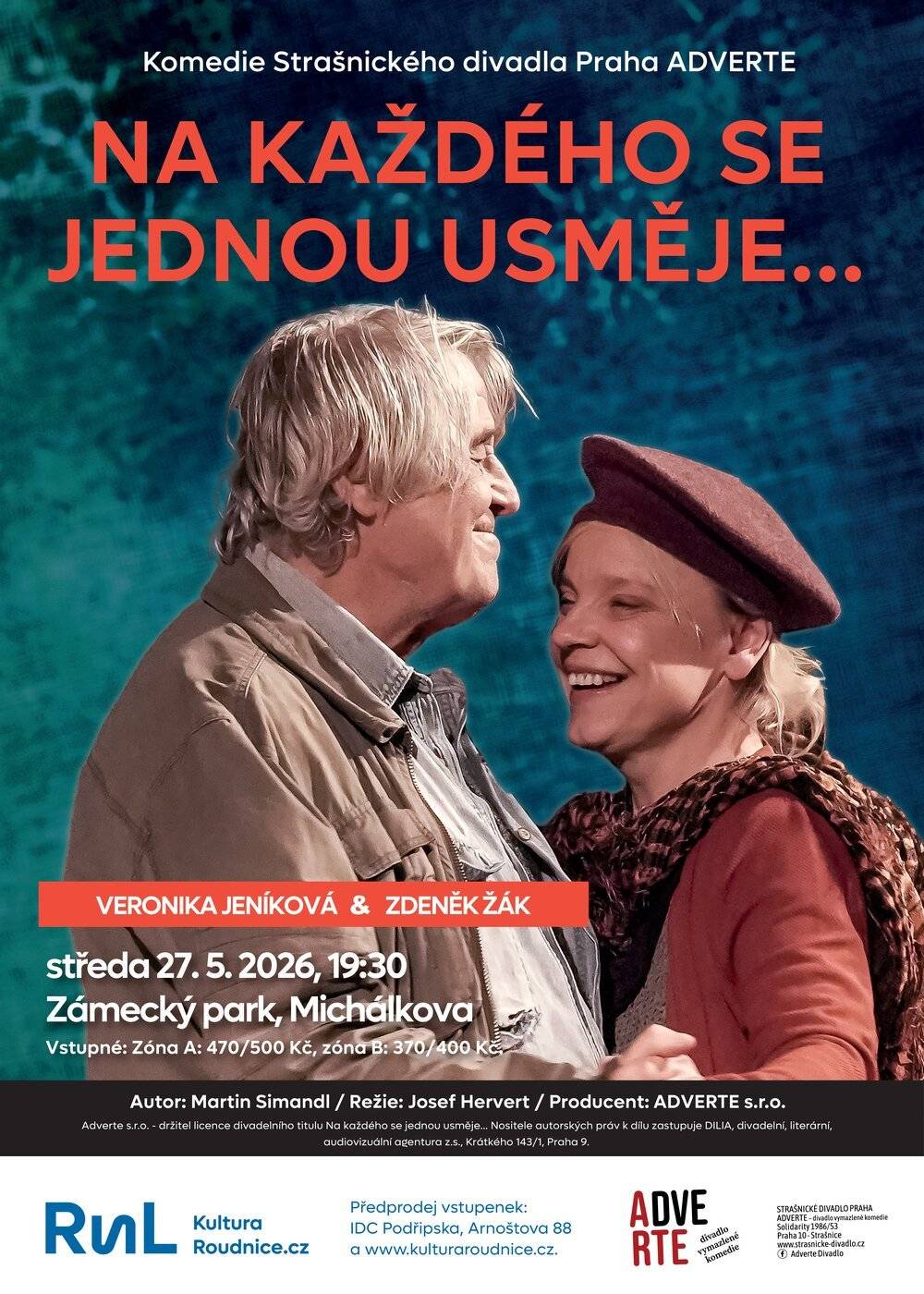 🎭 Máte pocit, že váš život nestojí za nic? Přijďte se podívat na ty, kteří jsou na tom ještě hůř – a královsky se u toho pobavíte! 😂 Už tuto středu se roudnický zámecký park promění v divadlo pod širým nebem. Čeká nás česká postromantická komedie Martina Simandla „Na každého se jednou usměje“. Je to příběh o dvou celoživotních smolařích, kteří sice nemají domov, perspektivu ani čisté ponožky, ale mají jeden druhého, nekonečnou naději a humor, který nezná hranice. Přijďte se přesvědčit, že i když sedíte na dně (nebo na lavičce v parku), pořád se dá bojovat o zbytky důstojnosti... nebo se o to aspoň vtipně pokusit! 🗓 Kdy: středa 27. 5. 2026 | 🕖 19:30 📍 Kde: Zámecký park, Michálkova ulice, Roudnice nad Labem ☕️ Bonus: Na místě pro vás bude připravena divadelní kavárna (od 18:30), takže si večer můžete užít se vším všudy.  Těšíme se na vás! 🙌  Vstupenky v prodeji on-line na www.kulturaroudnice.cz, v Informačním a dopravním centru Podřipska i na místě před představením.