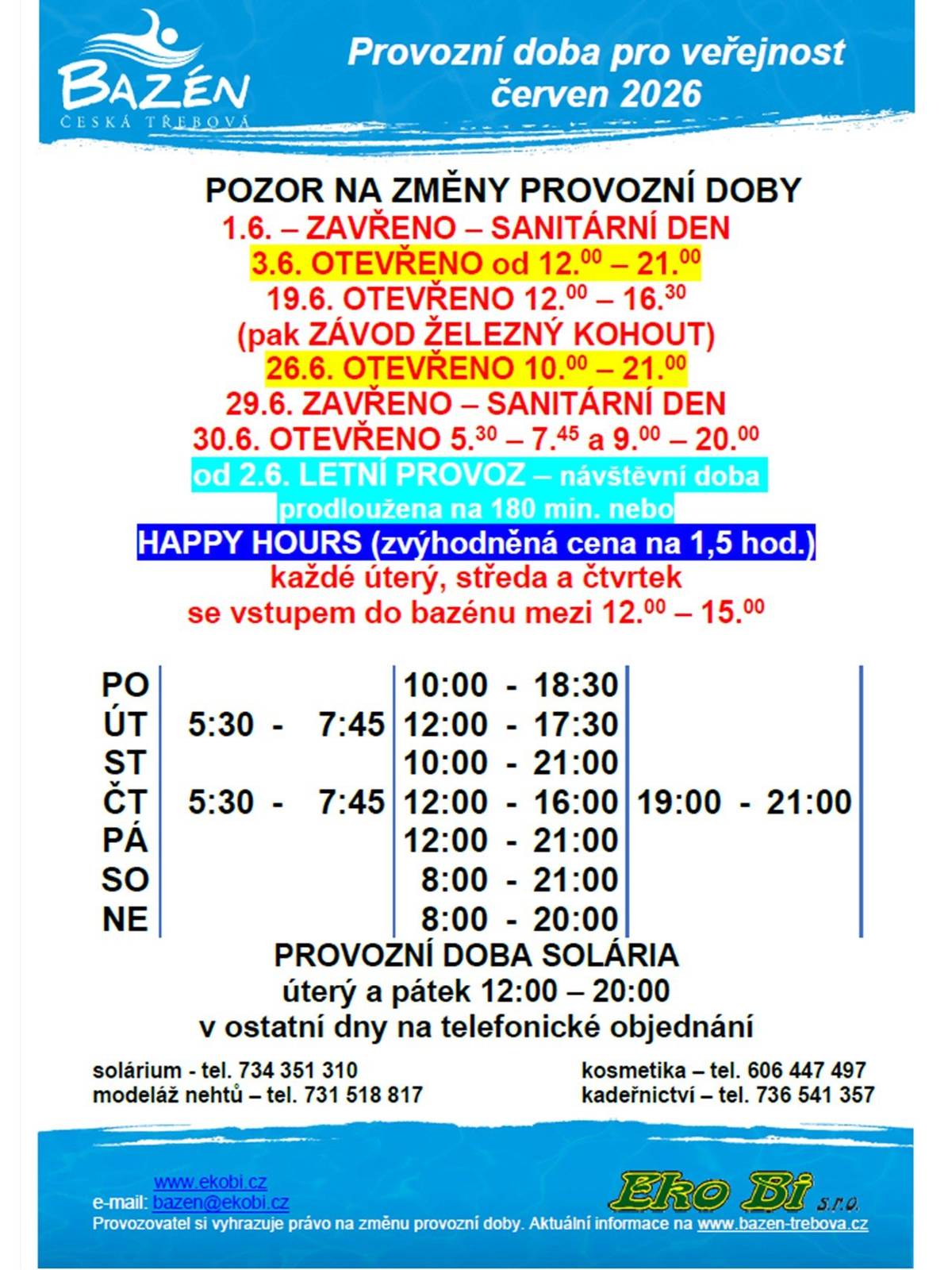 Více o provozní době plaveckého bazénu v České Třebové naleznete zde: