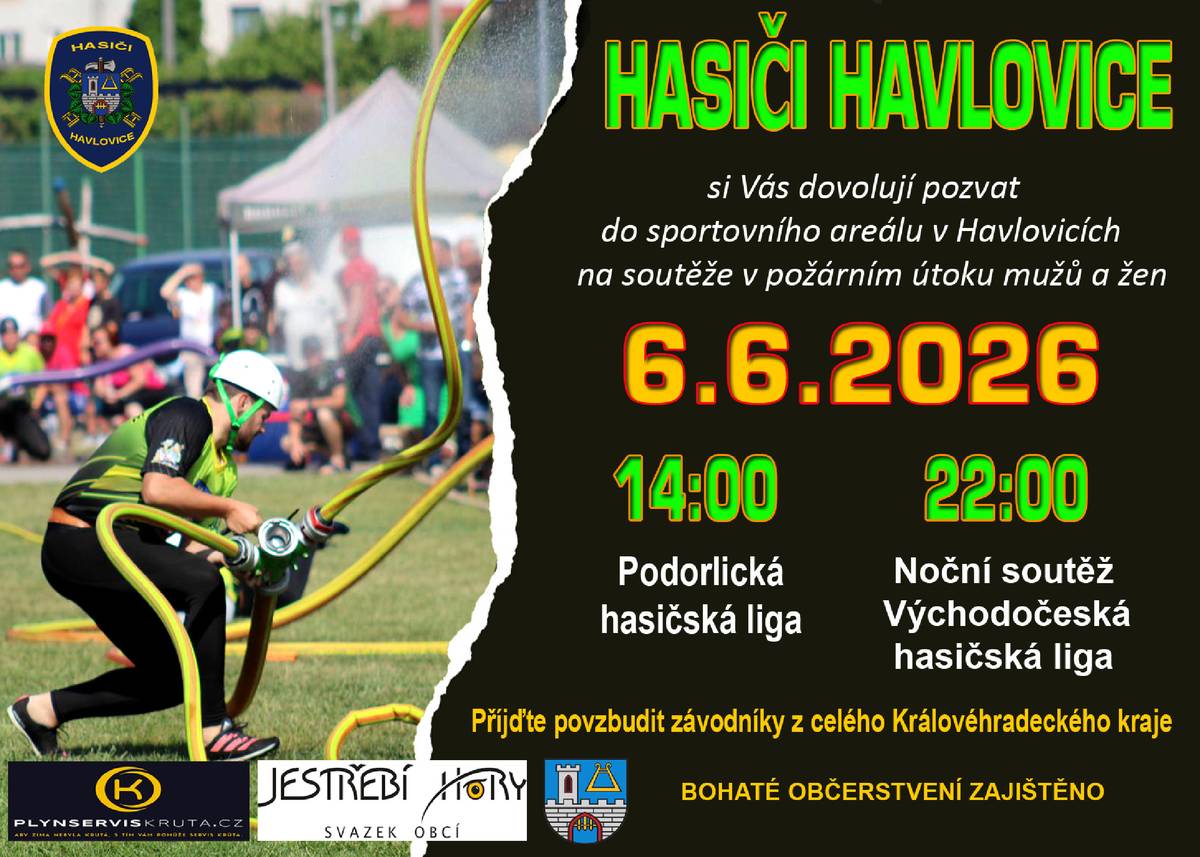 🚒 Přijďte si užít den plný adrenalinu, sirén, sportu a zábavy. SDH Havlovice vás srdečně zve na hasičské soutěže 6. 6. 2026 od 14:00. Přijďte podpořit soutěžní týmy a užít si den s hasiči v Havlovicích!