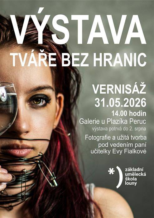 Tváře bez hranic žákyně ZUŠ Louny 31.5. - 2.8.2026 Vernisáž v neděli 31. 5. 2026 ve 14 hodin. Výběr úspěšných fotografií žaček ZUŠ Louny, Dory Svobodové, Rozálie Fialkové a  Lucie Karáskové. "Mladí a talentovaní autoři výstavy navštěvují obor Fotografie a užitá tvorba na Základní umělecké škole Louny. Pod vedením paní učitelky Evy Fialkové se zde kreativní žáci učí pracovat se světlem, kompozicí i s vlastním uměleckým vyjádřením. Během lekcí se věnují různým žánrům od zachycení detailu přes portréty až po reportážní fotografii. Jedno z témat své práce, díky kterému pravidelně sbírají úspěchy v soutěžích, nyní představují veřejnosti."
