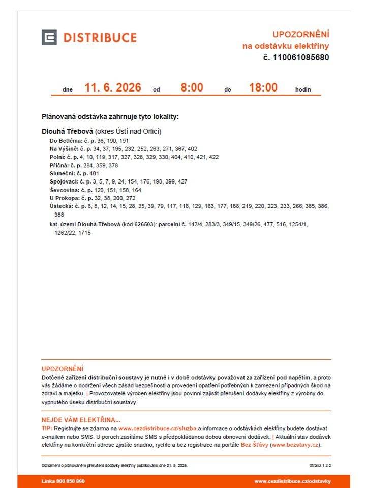 ČEZ Distribuce upozorňuje na plánované odstávky elektřiny ve dnech 11. a 15. června 2026
