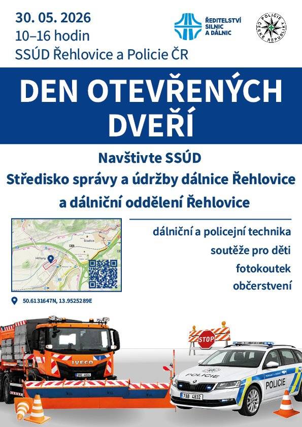 Ředitelství silnic a dálnic zve na akci Den otevřených dveří SSÚD Řehlovice, která se uskuteční v sobotu 30. května 2026 od 10:00 do 16:00 hodin ve Středisku správy a údržby dálnice Řehlovice a na Dálničním oddělení Policie ČR Řehlovice.  Akce je určena široké veřejnosti, rodinám s dětmi i všem zájemcům o techniku, dopravu a práci složek, které se starají o bezpečný provoz na silnicích a dálnicích.  Návštěvníci se mohou těšit na dálniční a policejní techniku, soutěže pro děti, fotokoutek a občerstvení.