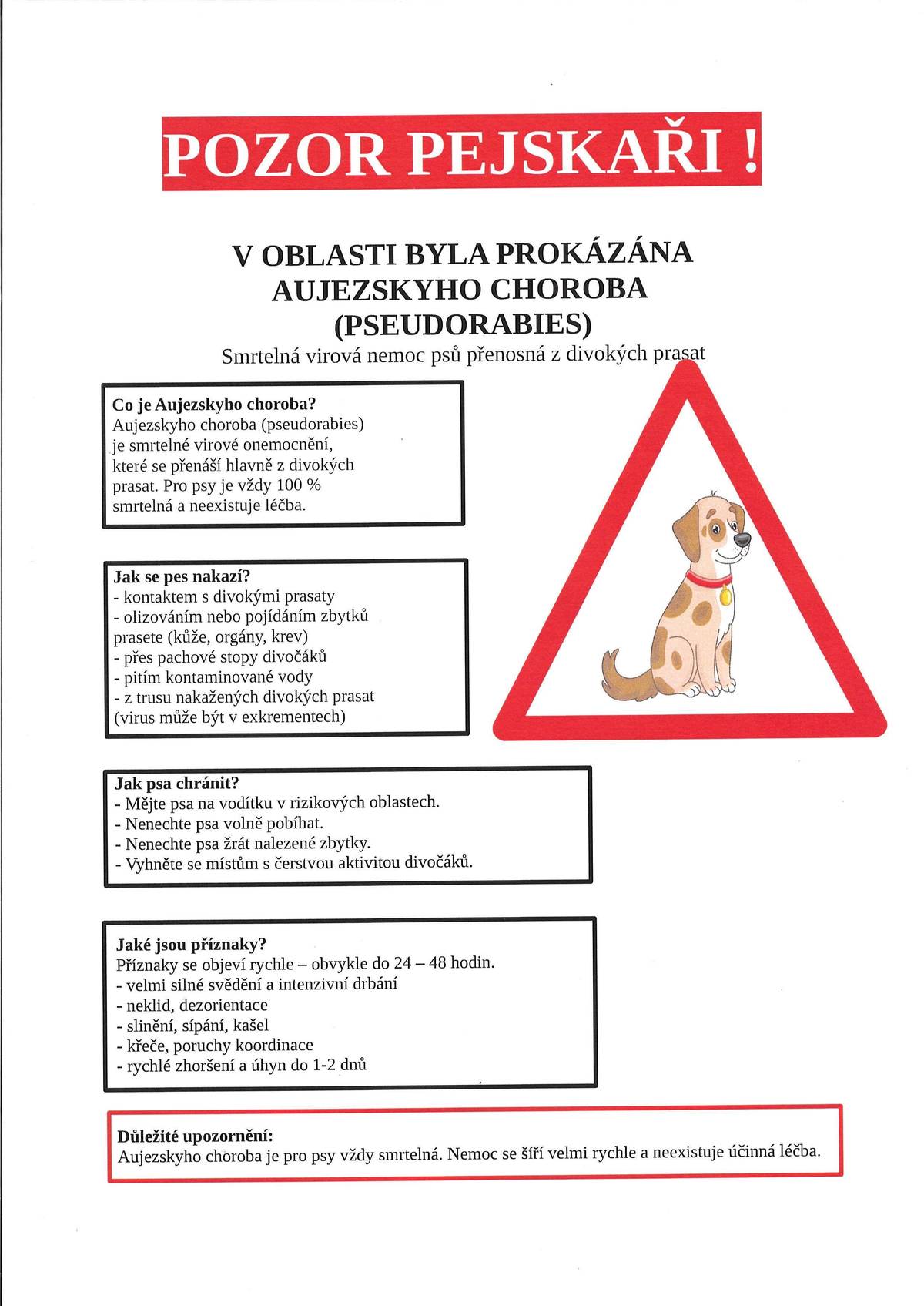 DŮLEŽITÉ UPOZORNĚNÍ!!! v honitbě MS Kamenice - Dřevohostice, která se nachází i na katastru naší obce, bylo uloveno prase divoké s pozitivním nálezem Aujezského choroby. Nemoc není přenosná na člověka, ale pro psy má smrtelné následky.