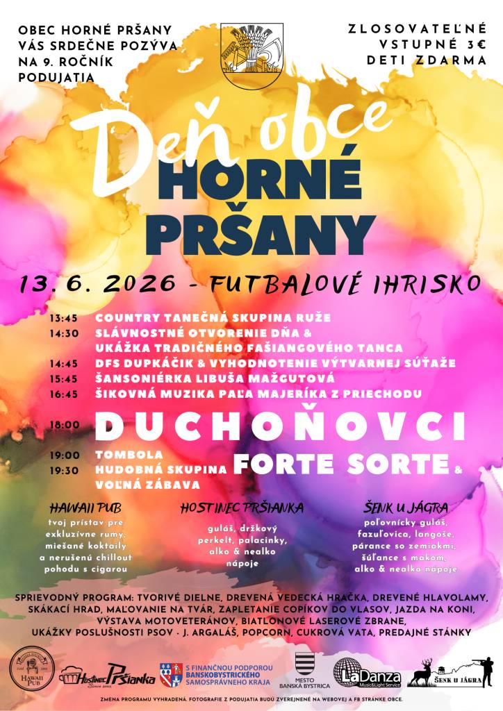 Obec Horné Pršany Vás srdečne pozýva na 9.ročník podujatia "Deň obce Horné Pršany" ktorý sa uskutoční 13.6.2026 v priestoroch futbalového ihriska.