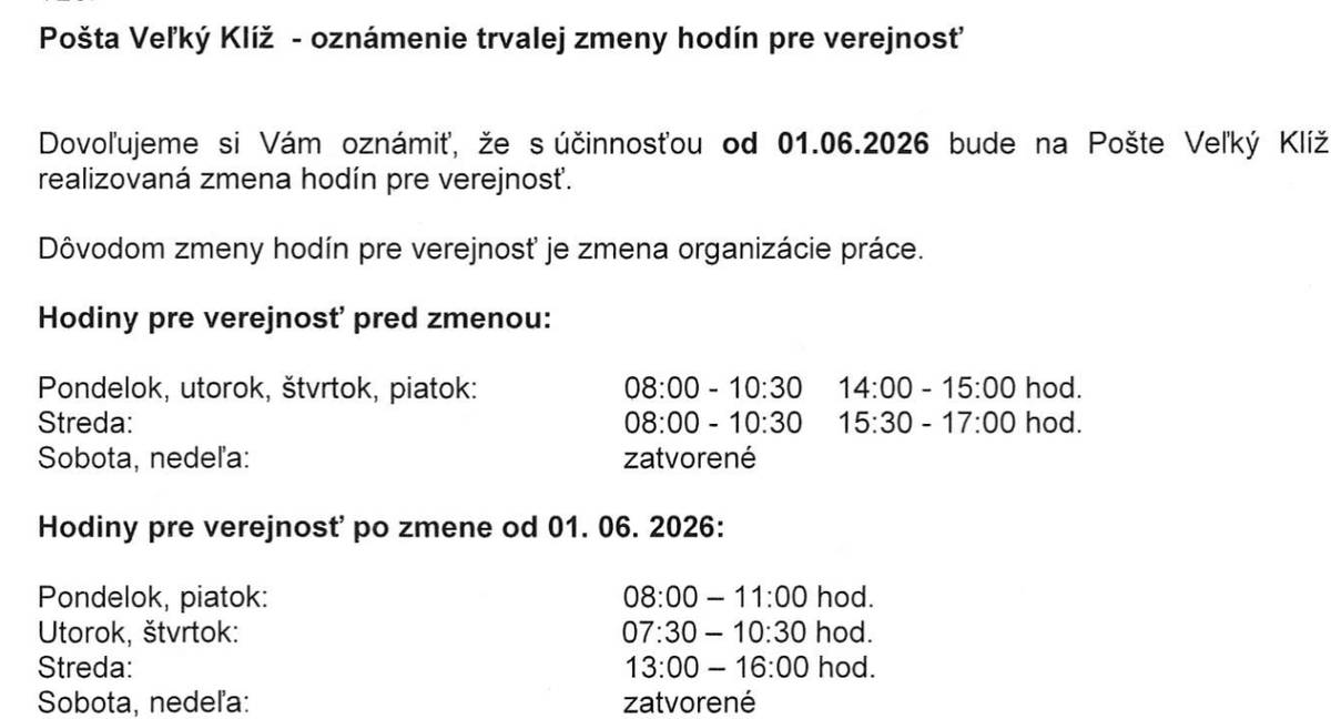 Otváracie hodiny pošta Veľký Klíž