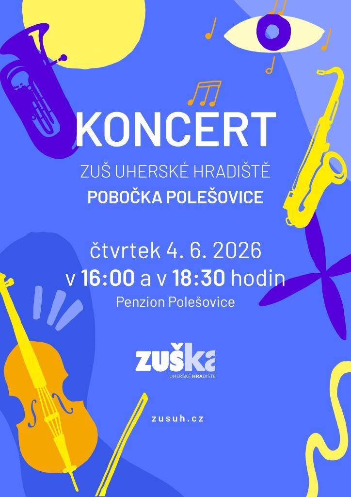 Zveme ve čtvrtek 4. června 2026 na dva koncerty žáků ZUŠ Uherské Hradiště v Sále 888. První koncert začne v 16:00 a druhý v 18:30.