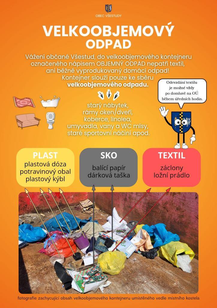 Textil, plasty, komunální odpad z domácností, nesešlapané krabice apod. do kontejneru na objemný odpad nepatří! Budou-li se nadále objevovat v kontejneru odpady, na které jsou určeny jiné nádoby či určená místa, bude kontejner odvezen a zpřístupněn opět pouze na požádání.