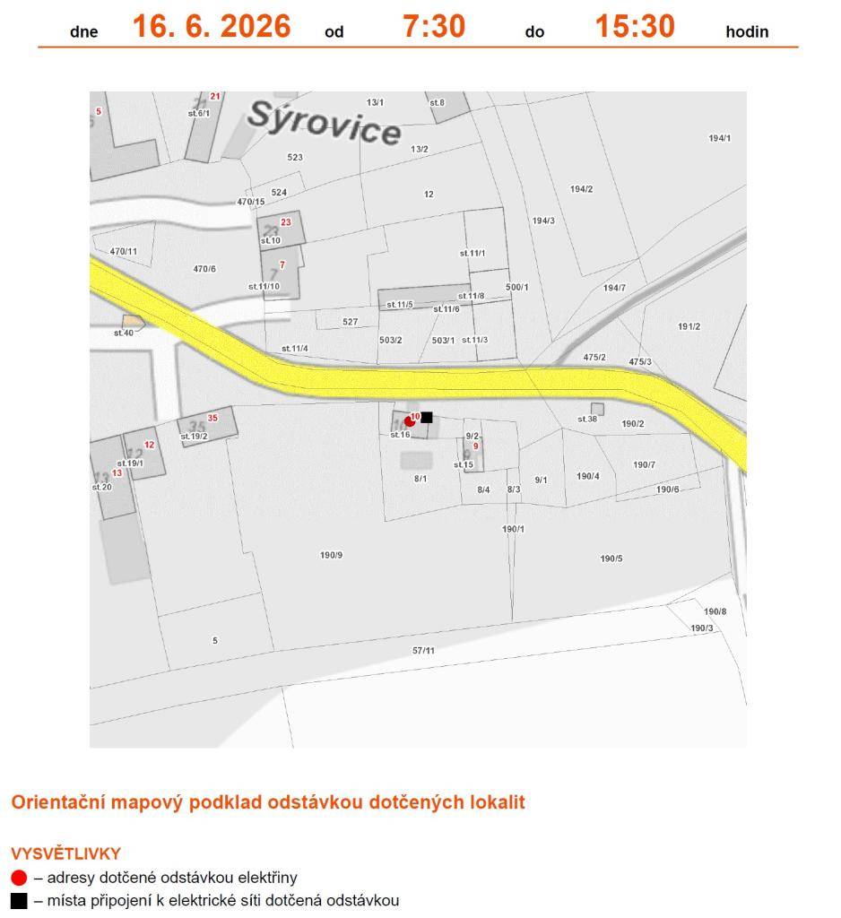 Dne 16.06.2026 od 7:30 do 15:30 hodin bude plánovaná odstávka v obci Sýrovice.