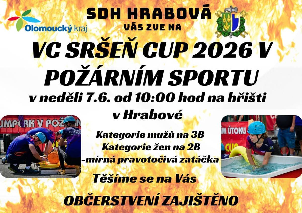 SDH Hrabová Vás zve na VC SRŠEŇ CUP 2026 V POŽÁRNÍM SPORTU v neděli 7. 6. 2026 od 10. hod. na hřišti v Hrabové. Občerstvení zajištěno.