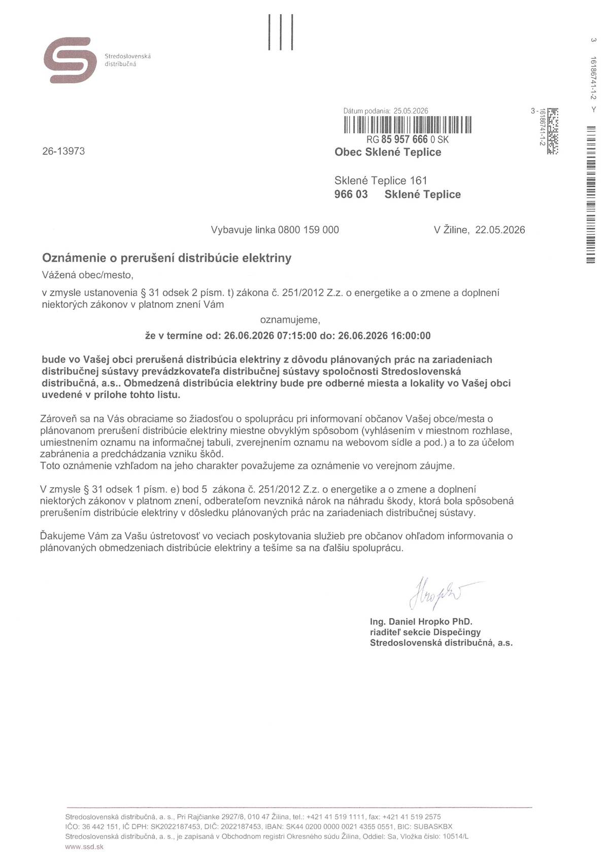 Oznámenie o prerušení dodávky elektrickej energie dňa 26.6.2026