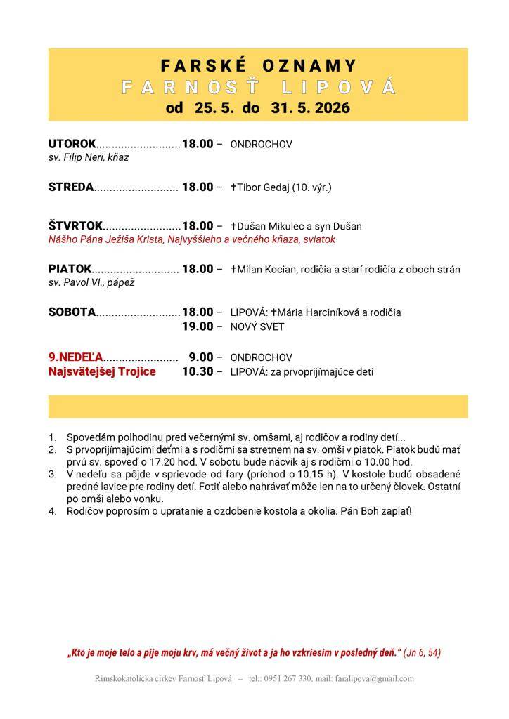Poriadok bohoslužieb od 25.05. do 31.05.2026