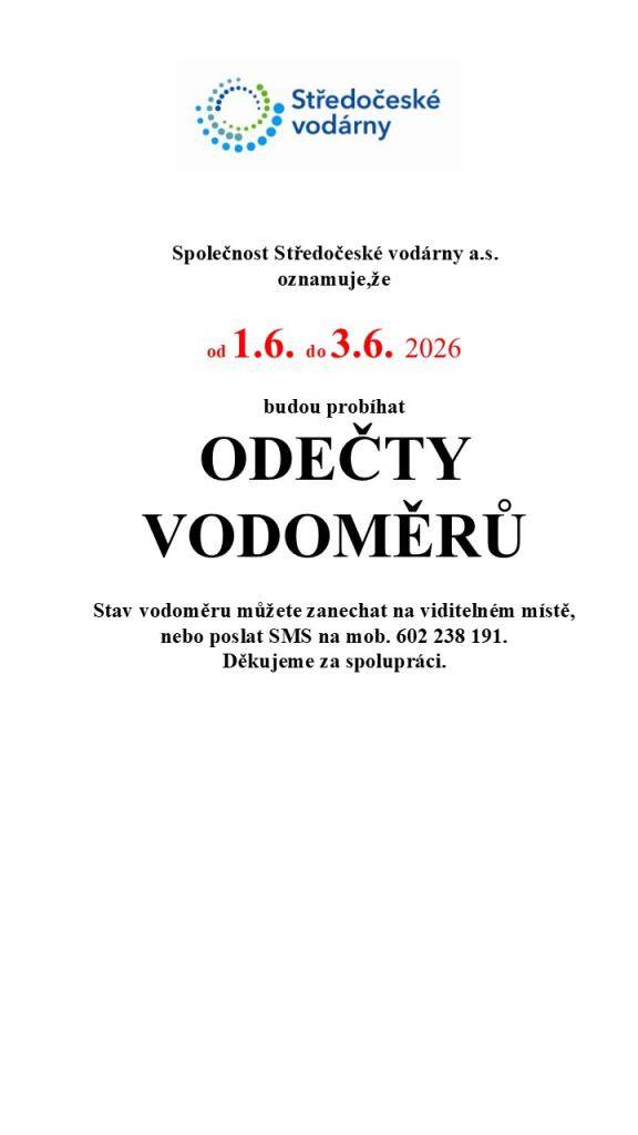 Odečty vodoměrů - 1.6. - 3.6.2026