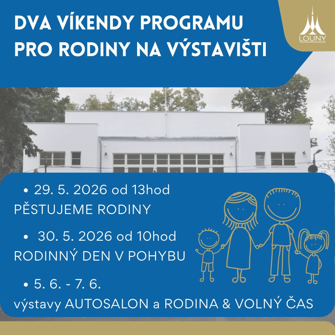 Následující dva víkendy nabídne lounské výstaviště pestrý program pro děti i dospělé. Připraveny jsou zábavné akce, koncerty, sportovní aktivity, ukázky techniky i doprovodný program pro celé rodiny.   📅 Pátek 29. května Den pěstounství – Pěstujeme rodiny od 13 hodin | aktivity pro děti, hudba, soutěže a setkání s pěstouny   📅 Sobota 30. května Rodinný den v pohybu 🍔 Lounský food festival 🏃 běžecký závod po fáborkách 🏰 skákací hrady a soutěže 🚒 hasiči a policie 🎨 dílničky, malování na obličej a fotokoutek 🎶 minidisco a vystoupení pro děti Vystoupí také Kájuška, Lucka ze školky, Rebelky a Martin Tengler.   📅 5. – 7. června Autosalon a Rodina & volný čas 🚓 ukázky Policie ČR 🚒 ukázky Hasičského záchranného sboru ⛑️ Český červený kříž 👧 dětská hernička a soutěžní stezka 🚗 výstavy a doprovodný program pro celou rodinu   Těšíme se na viděnou na výstavišti.