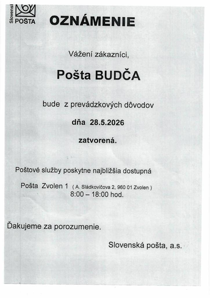 Pošta Budča dňa 28.5.2026 - zatvorená