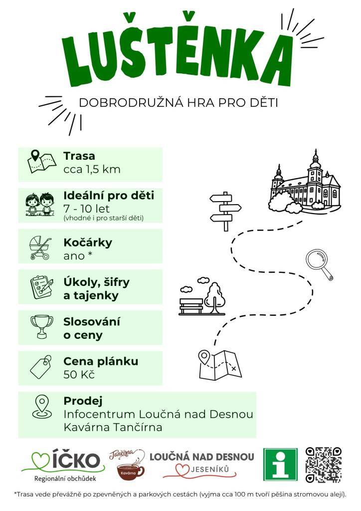 > Trasa cca 1.5km, ideální pro děti, kočárky, úkoly, šifry, apod.  > Cena plánku 50Kč  >  Prodej v infocentru Loučná nad Desnou, kavárna, Tančírna