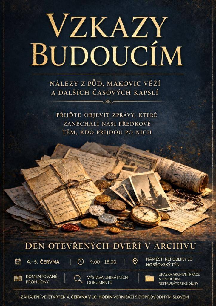 Den otevřených dveří v archivu se koná ve dnech 4. a 5. června 2026 od 9:00 do 18:00. Navštivte nás a objevte časové kapsle, které nám zanechali naši předkové. Těšíme se na vaši účast a nabídneme také komentované prohlídky dokumentů.