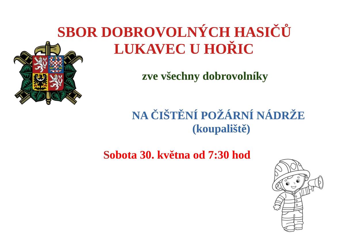 V sobotu 30.5. 2026 zve SDH Lukavec všechny dobrovolníky na čištění koupaliště od 7:30 hodin.