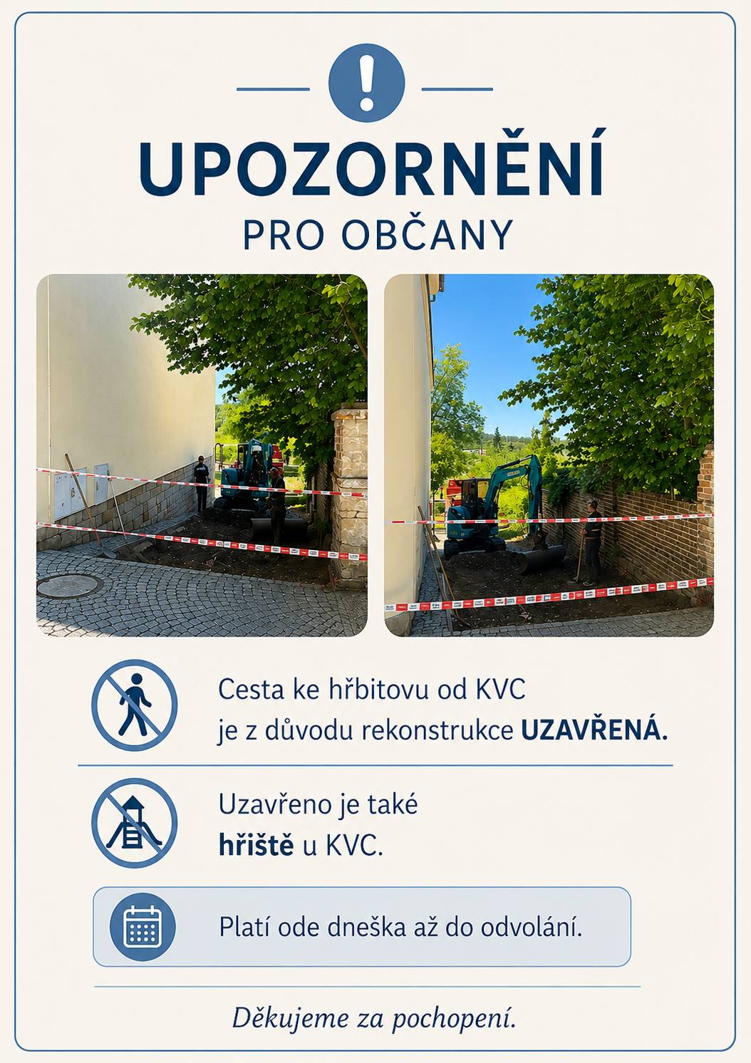 Cesta ke hřbitovu od KVC je z důvodu rekonstrukce uzařvena. Uzavřeno je také hřiště u KVC. Platí ode dneška až do odvolání. Děkujeme za pochopení.