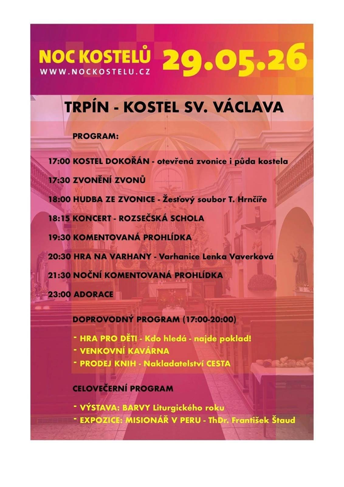 Pozvánka - Noc kostelů Trpín pátek 29. 5. 2026. Bohatý program od 17 hodin.