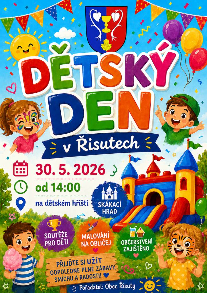 Už tuto sobotu nás čeká DĚTSKÝ DEN v Řisutech!  A máme malou změnu programu  Místo malování na obličej jsme pro děti vzhledem k očekávanému teplému počasí připravili osvěžující VODNÍ MLHU, která určitě přijde vhod a děti si ji skvěle užijí!