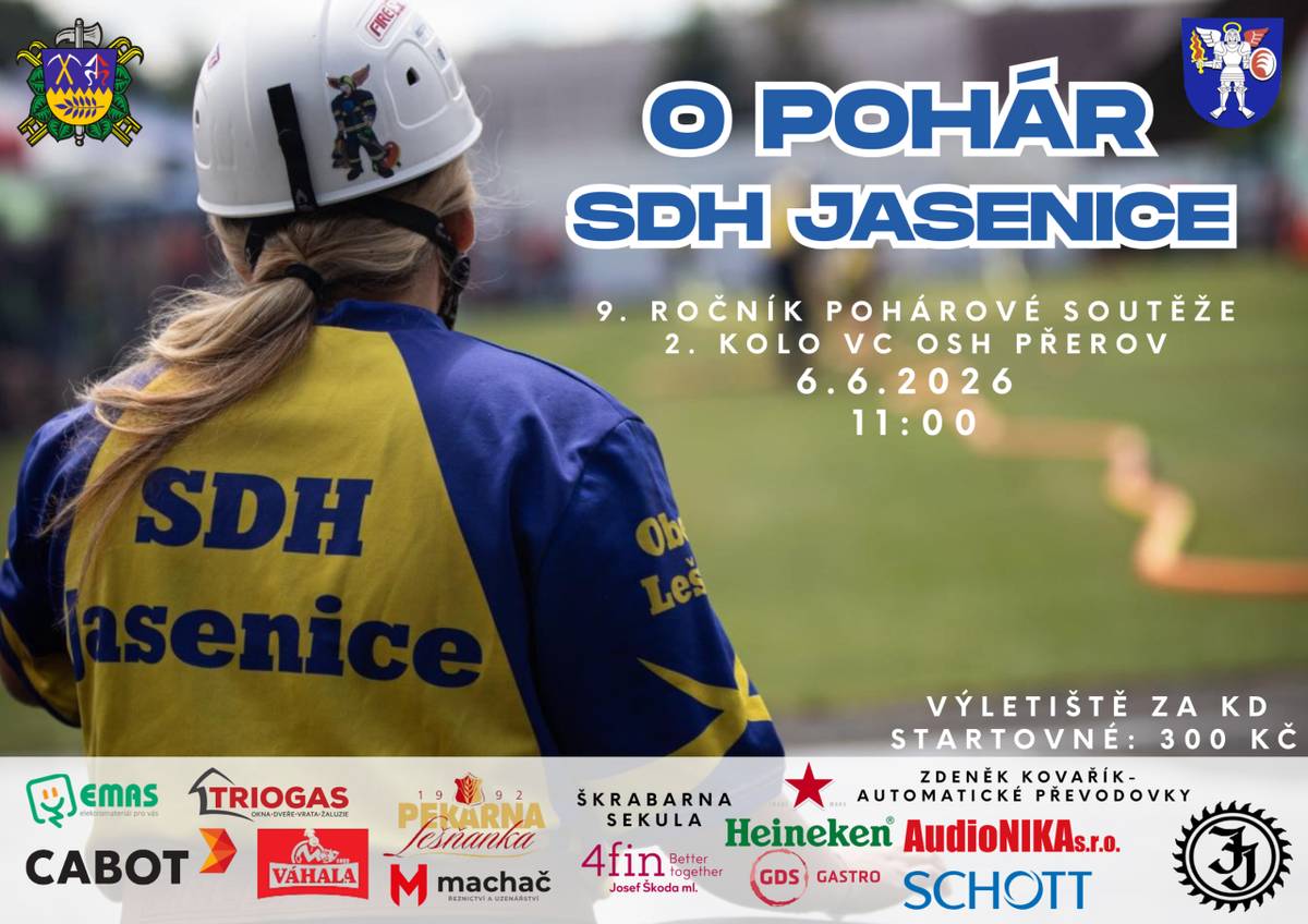 Sbor dobrovolných hasičů Jasenice Vás srdečně zve na 9. ročník pohárové soutěže o Pohár SDH Jasenice. Soutěž se uskuteční v sobotu 6.6.2026 v 11:00 hodin na výletišti za KD. Bohaté občerstvení zajištěno. Těší se na Vás hasiči z Jasenice.