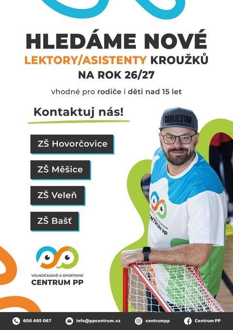 Hledáme nové lektory a asistenty kroužků pro školní rok 2026/2027. Rádi mezi sebou přivítáme nové kolegy a kamarády, kteří mají chuť podílet se s námi na rozvoji dětí.
