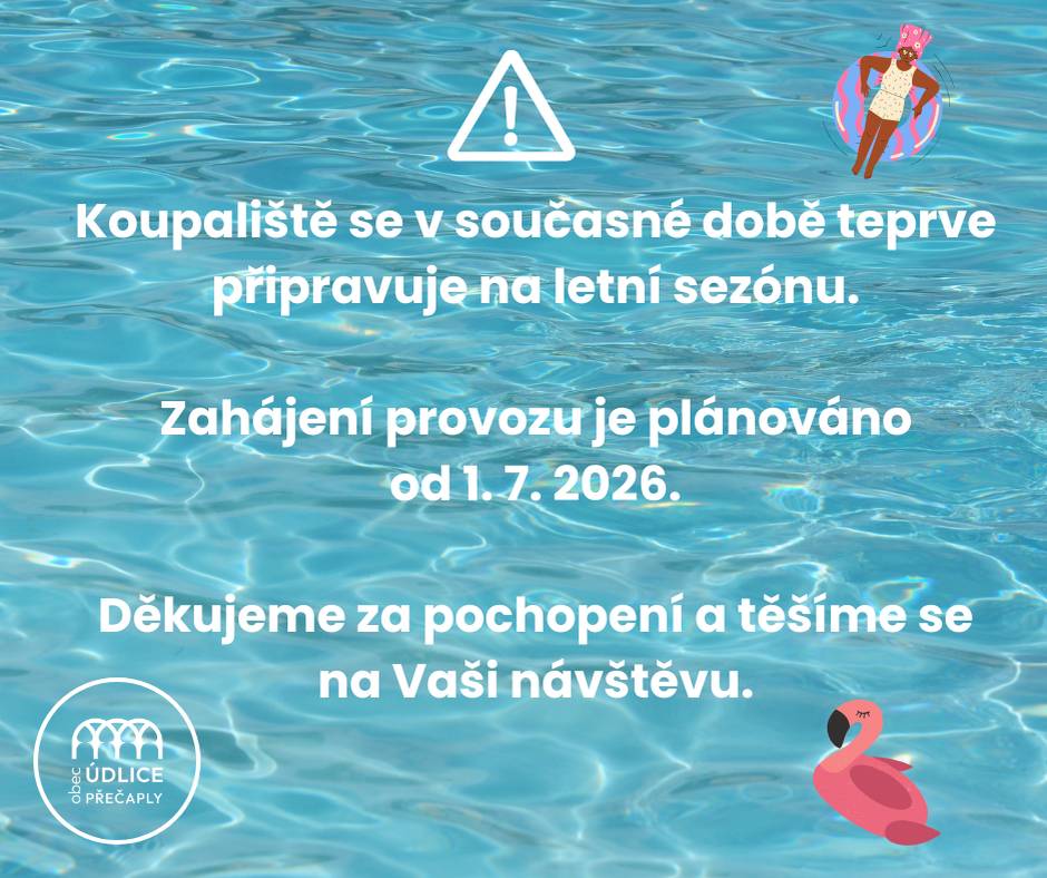 Vážení občané, chtěli bychom Vás informovat, že koupaliště se na letní sezonu teprve připravuje a zahájení provozu je naplánováno od 01.07.2026. Děkujeme za pochopení.