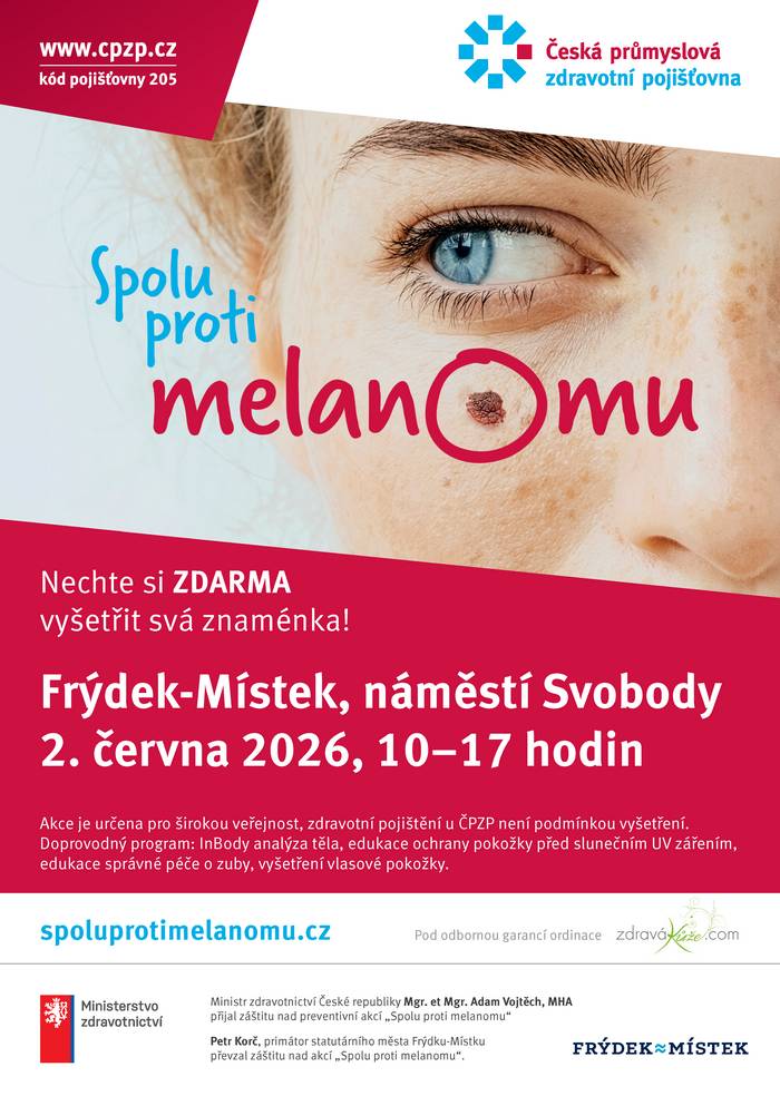 Město Frýdek-Místek se v úterý 2. června připojí k preventivní akci České průmyslové zdravotní pojišťovny (ČPZP) nazvané Spolu proti melanomu. Uskuteční se na náměstí Svobody v Místku a záštitu nad ní převzal primátor Petr Korč. Kampaň je určena široké veřejnosti a není podmíněna zdravotním pojištěním u ČPZP. ZDARMA A BEZ OBJEDNÁNÍ. LIDÉ VE FRÝDKU-MÍSTKU SI MOHOU NECHAT VYŠETŘIT ZNAMÉNKA | Frýdek-Místek