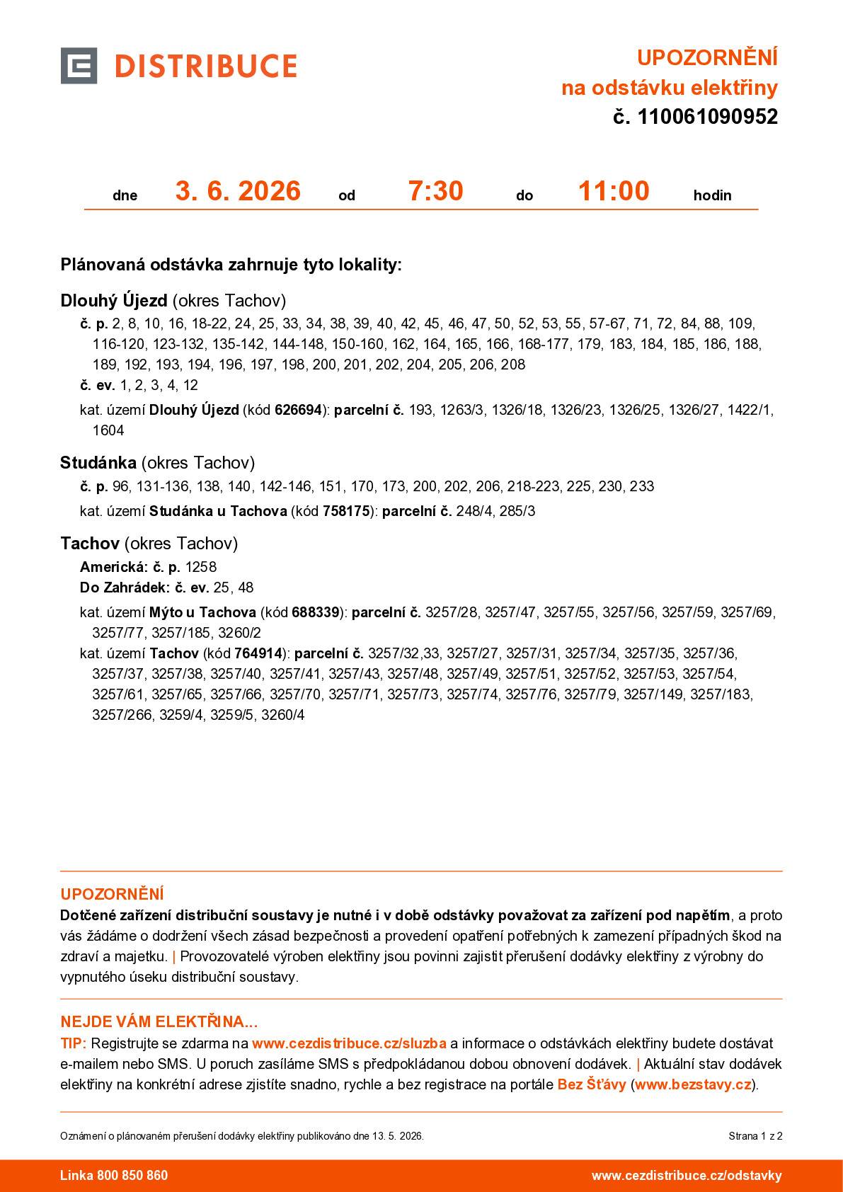 Dne 3.6.2026 od 7:30 - 11:00 hodin dojde k plánované odstávce elektřiny