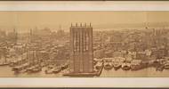 Panoramatický pohled na Manhattan zachycující i probíhající výstavbu Brooklynského mostu.