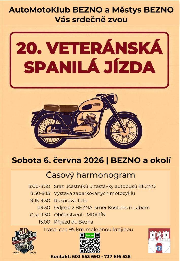 Automotoklub Bezno a městys Bezno pořádají v sobotu dne 6.6.2026 veteránskou spanilou jízdu historických motocyklů.