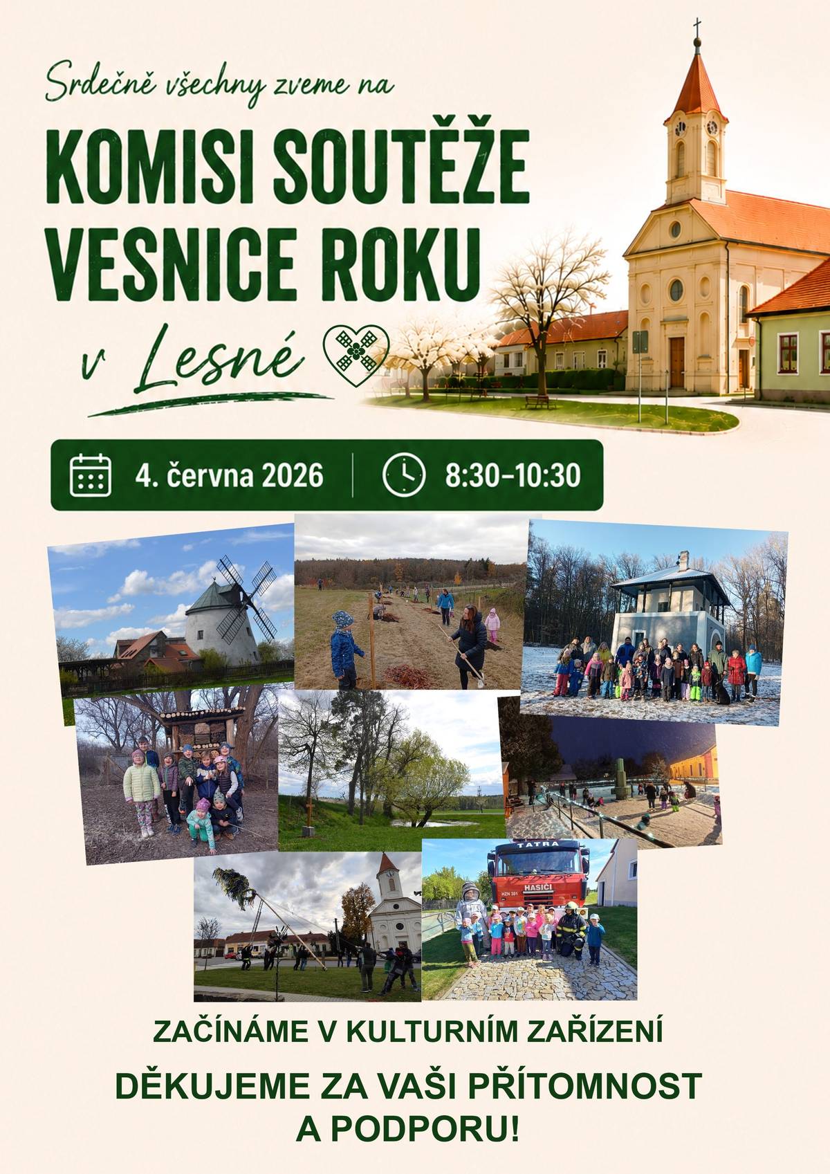 Vážení spoluobčané, ve středu 4. června od 8:30 navštíví naši obec hodnotitelská komise soutěže Vesnice roku. Na její prezentaci budeme mít pouze dvě hodiny, během kterých chceme ukázat nejen naše projekty a krajinu, ale především život v obci a lidi, kteří ji tvoří. Budeme rádi, pokud přijdete podpořit Lesnou svou přítomností a pomůžete nám vytvořit příjemnou a autentickou atmosféru. Právě setkání s místními obyvateli je často tím, co o obci vypoví nejvíce. Děkujeme všem, kteří se na přípravách podílejí, a těšíme se na společné setkání.