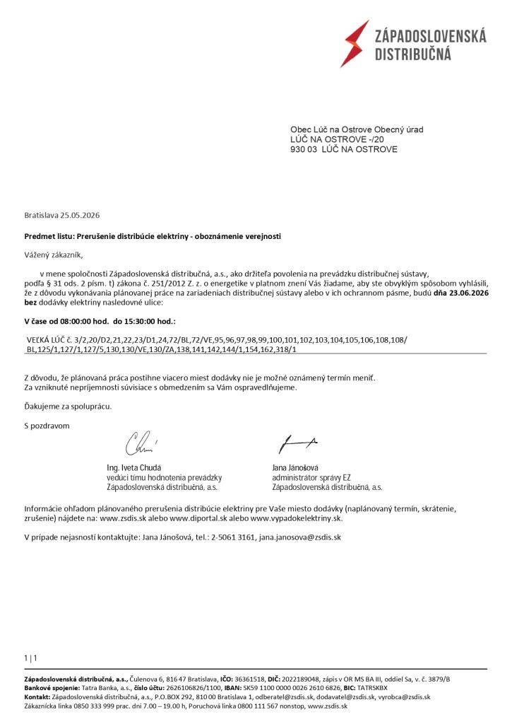 Prerušenie distribúcie elektriny - oboznámenie verejnosti