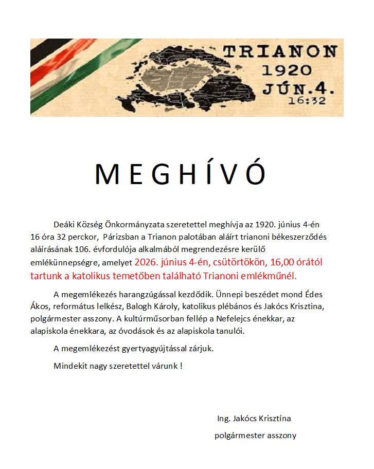 Meghívó - megemlékezés a Trianoni emlékműnél, 2026. 6. 4., 16.00 órától