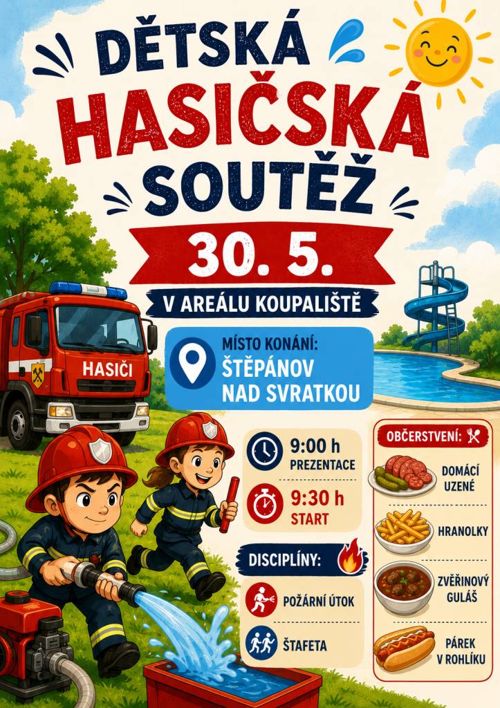 SDH Štěpánov pořádá v sobotu 30.5. dopoledne Dětskou hasičskou soutěž, která se koná v Areálu koupaliště, prezence družstev od 9 hodin, soutěže začínají v 9:30.   Přijďte fandit, občerstvení zajištěno!