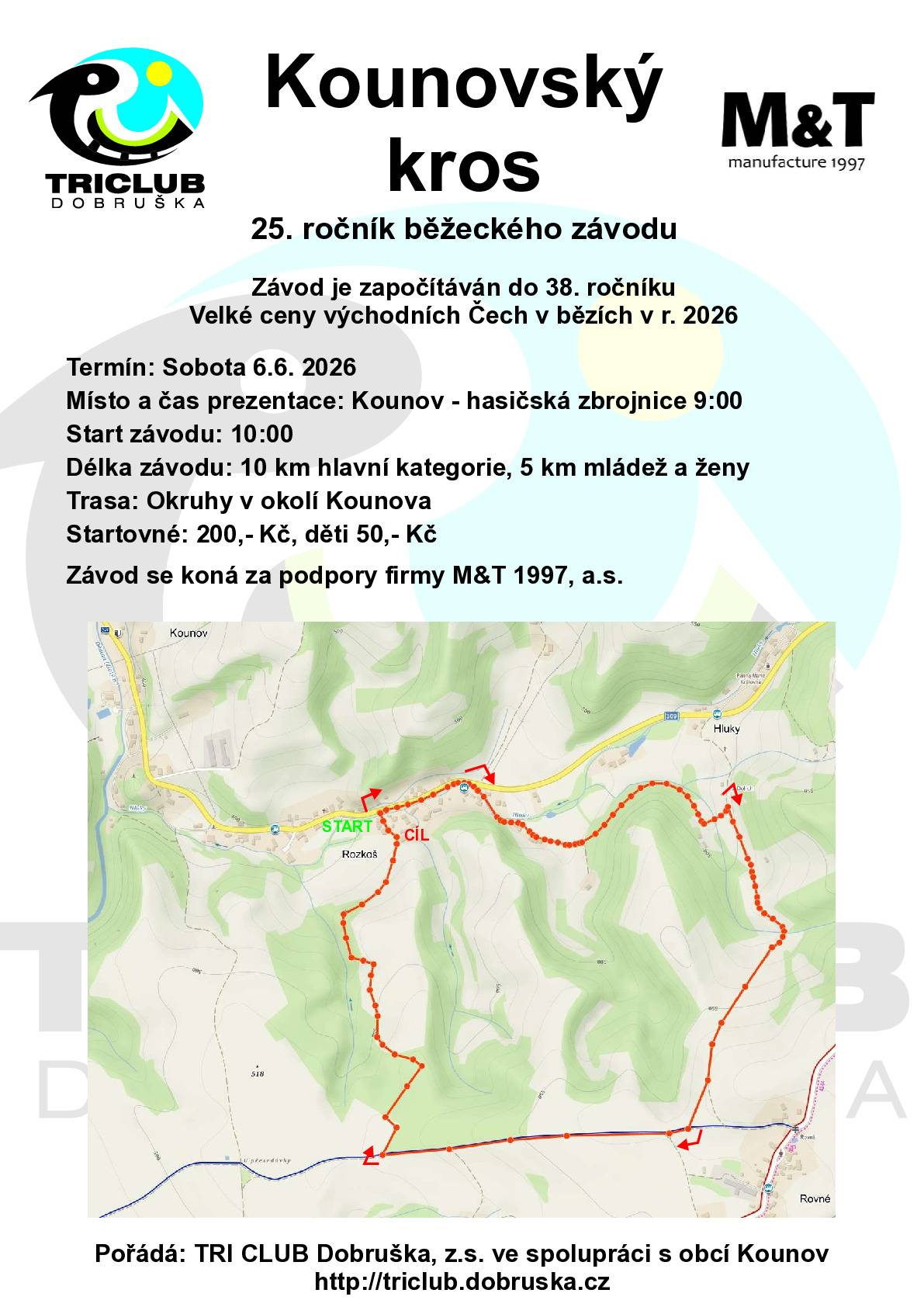 V sobotu 6.6. 2026 se koná "Kounovský kros", je to již 25.ročník běžeckého závodu. Akci pořádá TRI CLUB Dobruška, z.s. ve spolupráci s obcí Kounov.