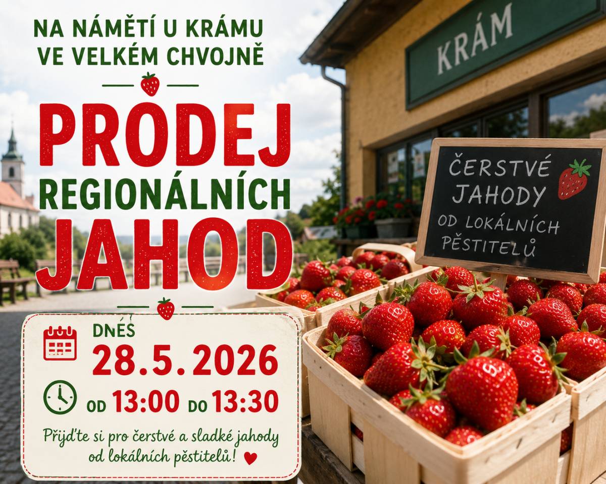 Prodej jahod ve Velkém Chvojně, pouze dnes 28.5.2026.