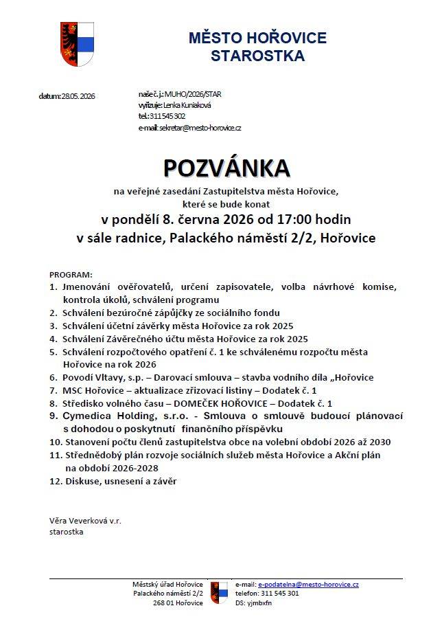 Pozvánka na veřejné zasedání Zastupitelstva města Hořovice,  které se bude konat v pondělí 8. června 2026 od 17:00 hodin  v sále radnice, Palackého náměstí 2/2, Hořovice