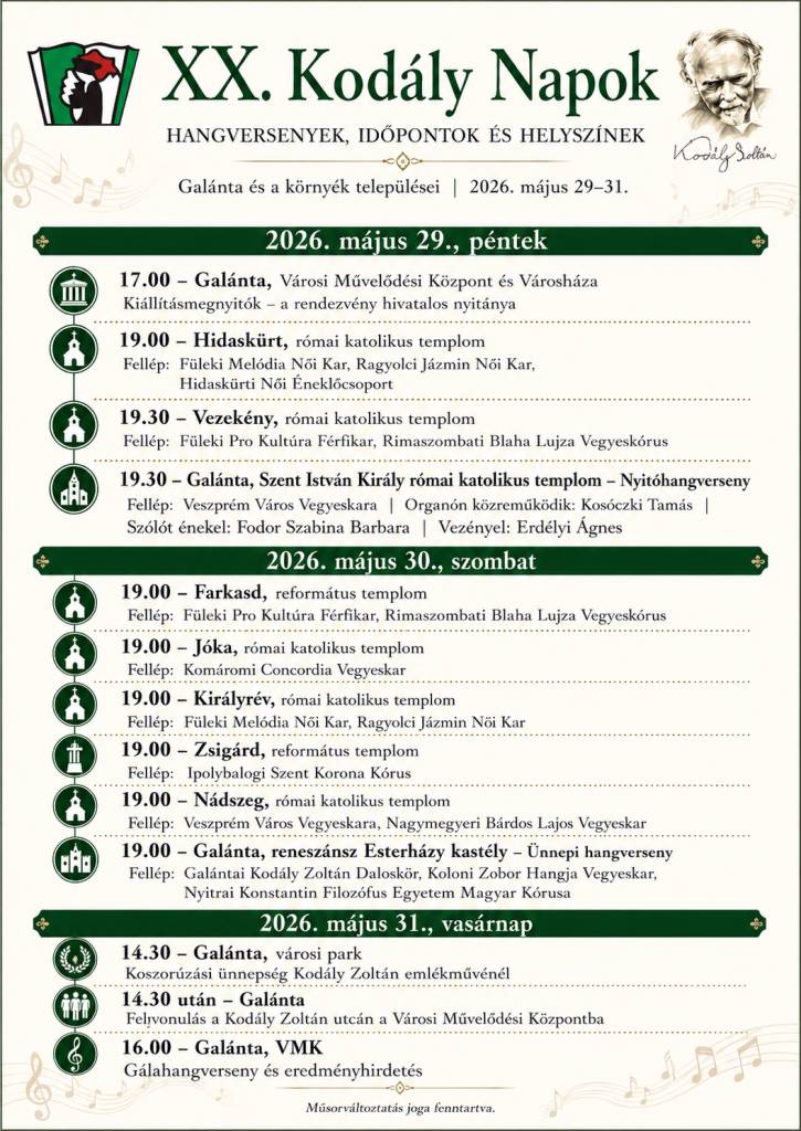 2026. május 30-án, 19:00 Farkasd, református templom  Fellép: Füleki Pro Kultúra Férfikar, Rimaszombati Blaha Lujza Vegyeskórus