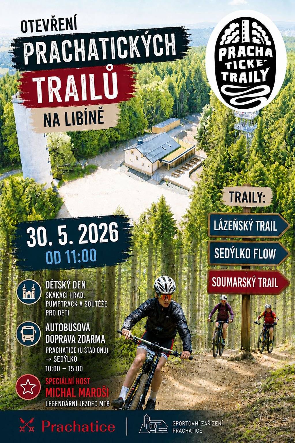 Přijďte v sobotu 30. května od 11:00 hodin na slavnostní otevření nových trailů a užijte si den plný sportu, zábavy a adrenalinu v krásném prostředí Libína. 🔥 Těšit se můžete na: ✅ Lázeňský trail ✅ Sedýlko Flow ✅ Soumarský trail ✅ setkání s legendou MTB Michalem Marošim ✅ dětský den se skákacím hradem, pumptrackem a soutěžemi 🚌 Zajištěna je také bezplatná autobusová doprava na trase Prachatice (U Stadionu) – Sedýlko. Kapacita autobusů je omezená, proto prosíme návštěvníky, kteří mohou využít vlastní dopravu, aby tak učinili. 🌲 Přijďte objevit nové traily, podpořit sportovní dění v Prachaticích a užít si skvělou atmosféru s rodinou i přáteli. Více informací najdete na 👉 www.prachaticketraily.cz Těšíme se na vás! 🚴♀️🚴♂️