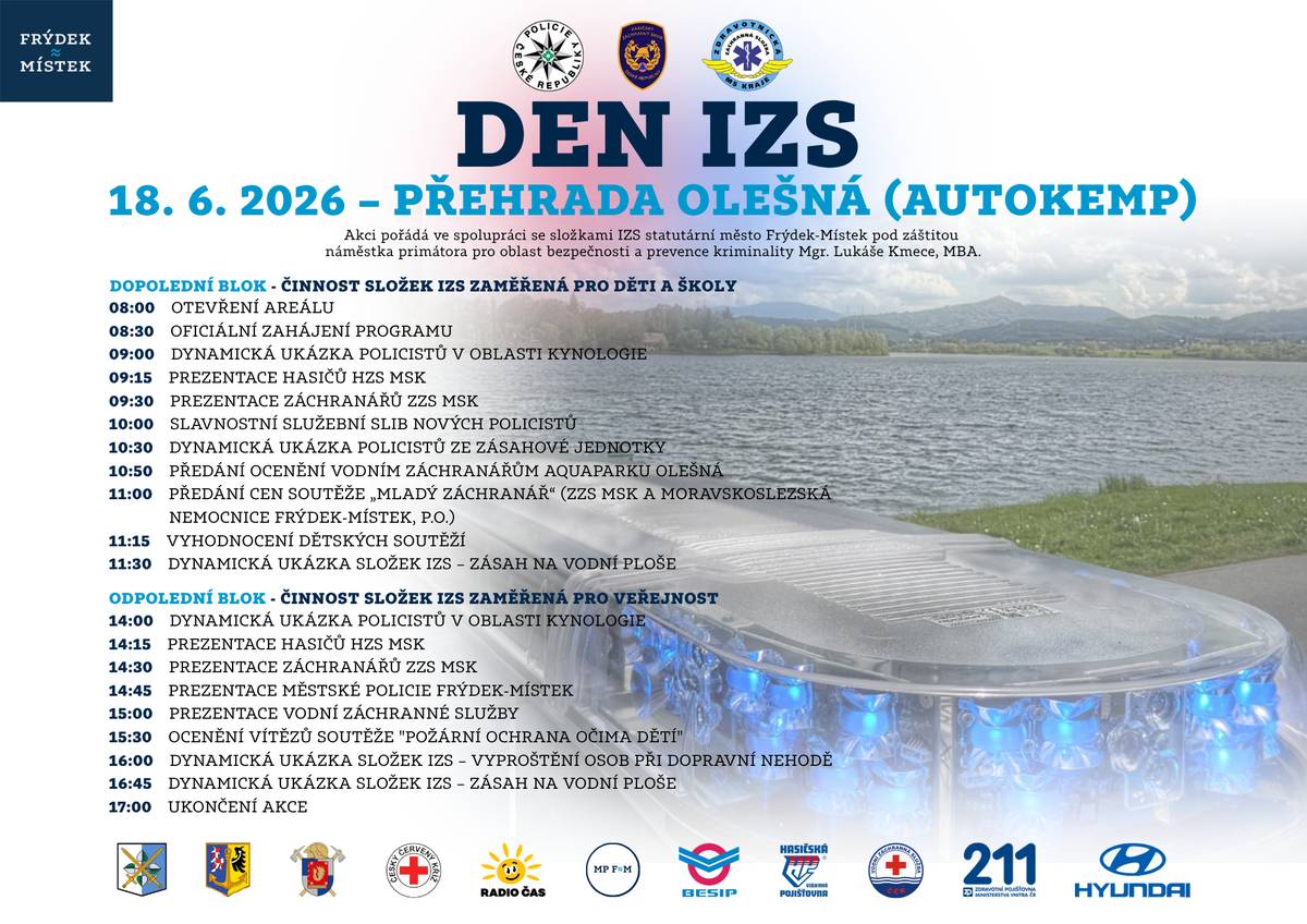 Na Olešné se ve čtvrtek 18. června uskuteční Den Integrovaného záchranného systému. Návštěvníci si užijí den plný adrenalinu a zábavy.   Více informací na webu města: DEN IZS NA OLEŠNÉ OPĚT NABÍDNE BOHATÝ PROGRAM A ATRAKTIVNÍ UKÁZKY ZÁSAHŮ | Frýdek-Místek