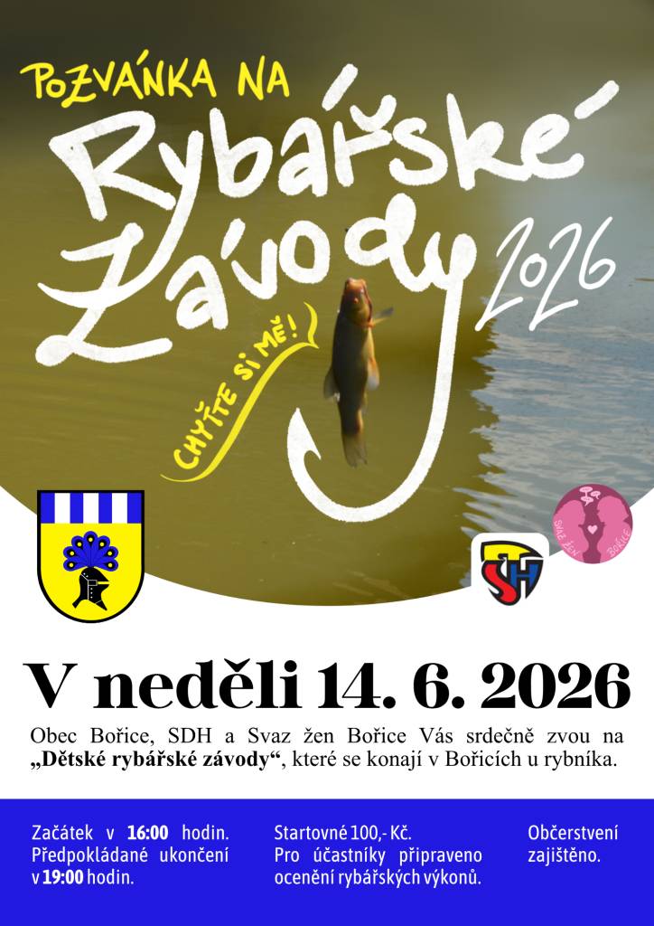 Obec Bořice, SDH a Svaz žen Bořice Vás srdečně zvou na „Dětské rybářské závody“, které se konají v Bořicích u rybníka.