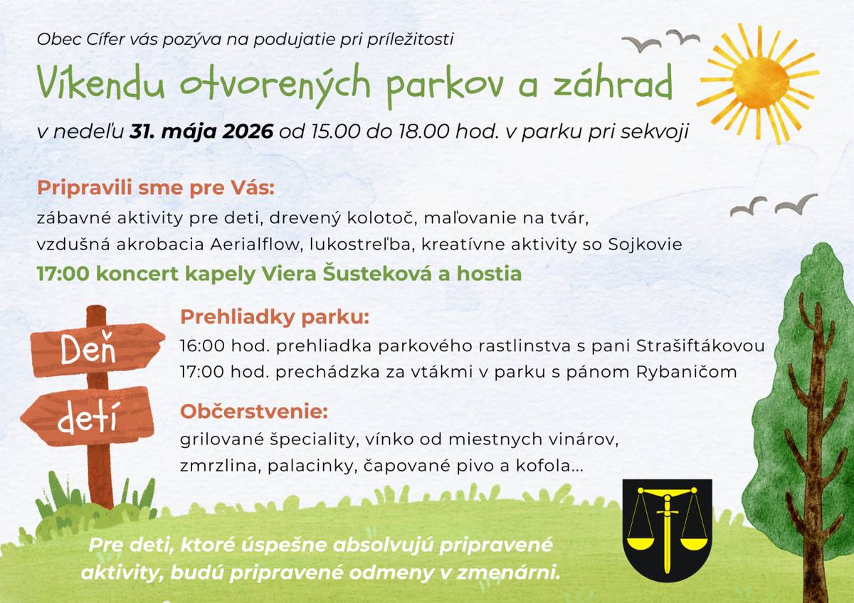 Obec Cífer Vás dňa 31. mája 2026 od 15.00 do 18.00 hodiny pozýva na "Víkend otvorených parkov a záhrad".