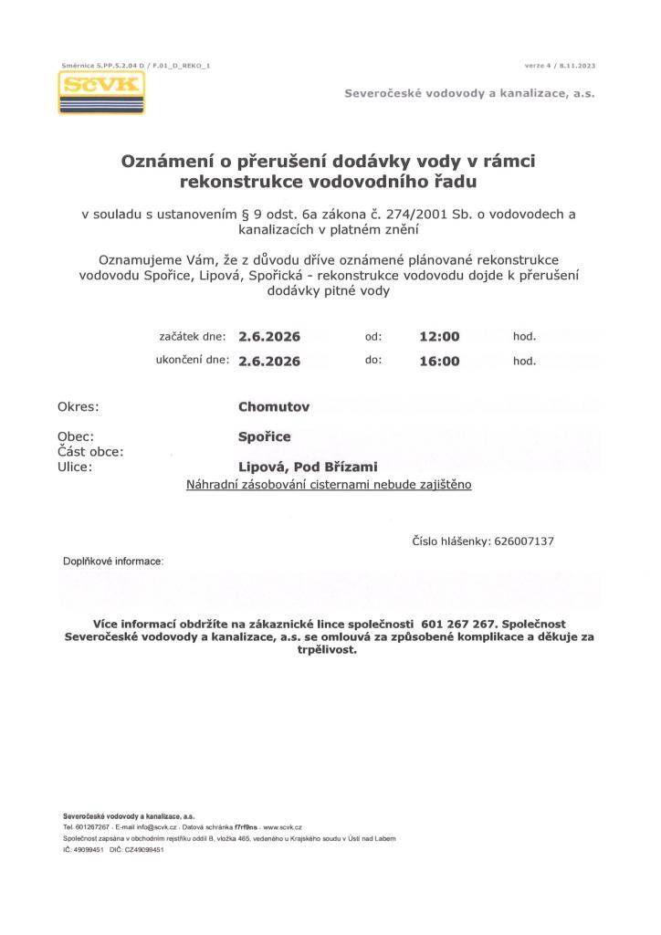 V rámci rekonstrukce vodovodního řadu dojde v úterý 2.6.2026 k přerušení dodávky vody v Lipové ulici a v ulici Pod Břízami od 12:00 do 16:00 hodin.