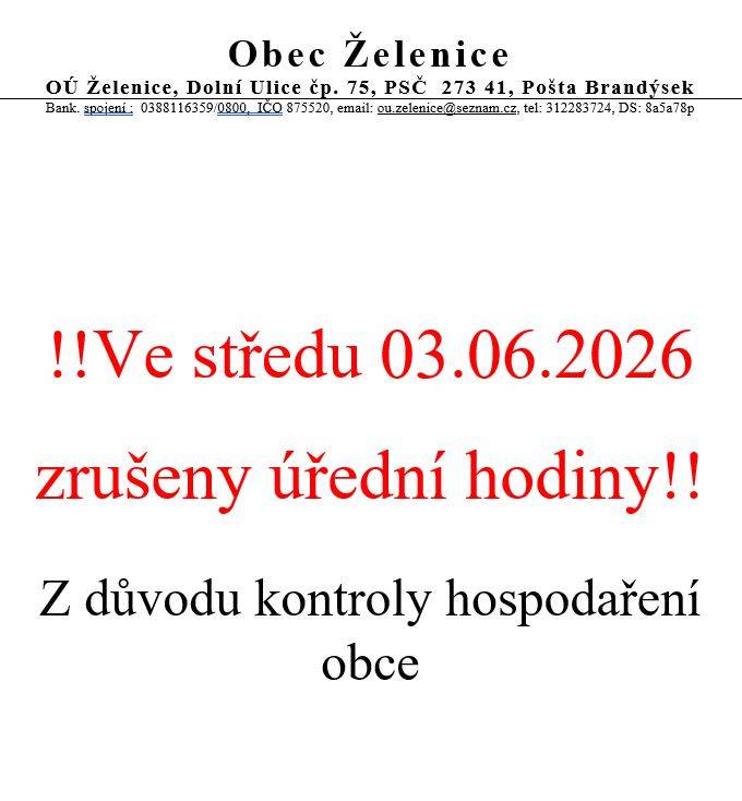 Zrušení úředních hodin 03.06.2026 - audit